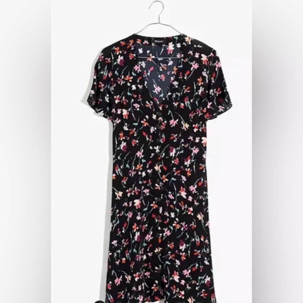 New Madewell V Neck Button Front Mini Dress Black Floral